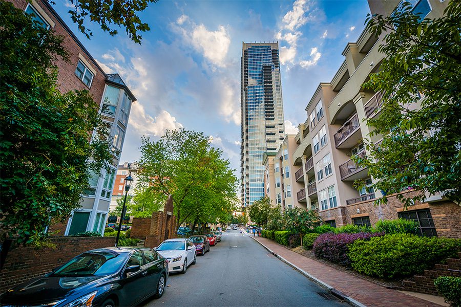 Charlotte, NC - City Street View of Charlotte, North Carolina and Tall Buildings on a Summer Day